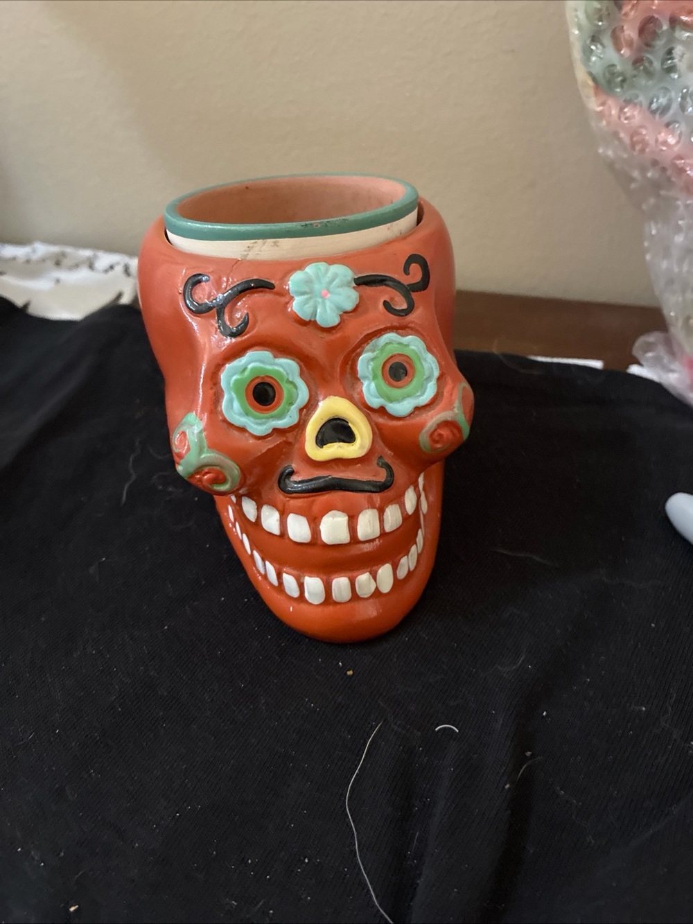 Decorative Orange Day of the Dead Skull Vase - Ceramic Home Art